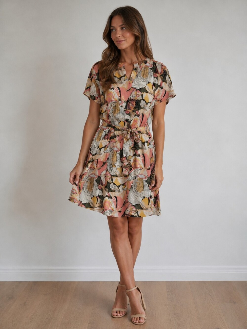NWT Floral Print Tie-Waist Women’s Dress in Coral and Cream